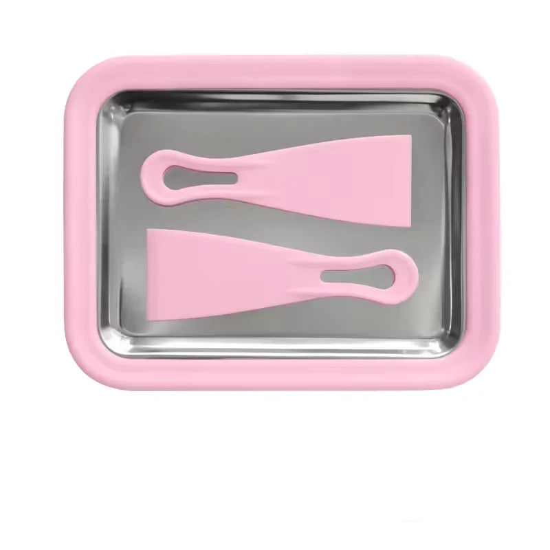 Pink tray with two pink silicone scrapers on a white background
