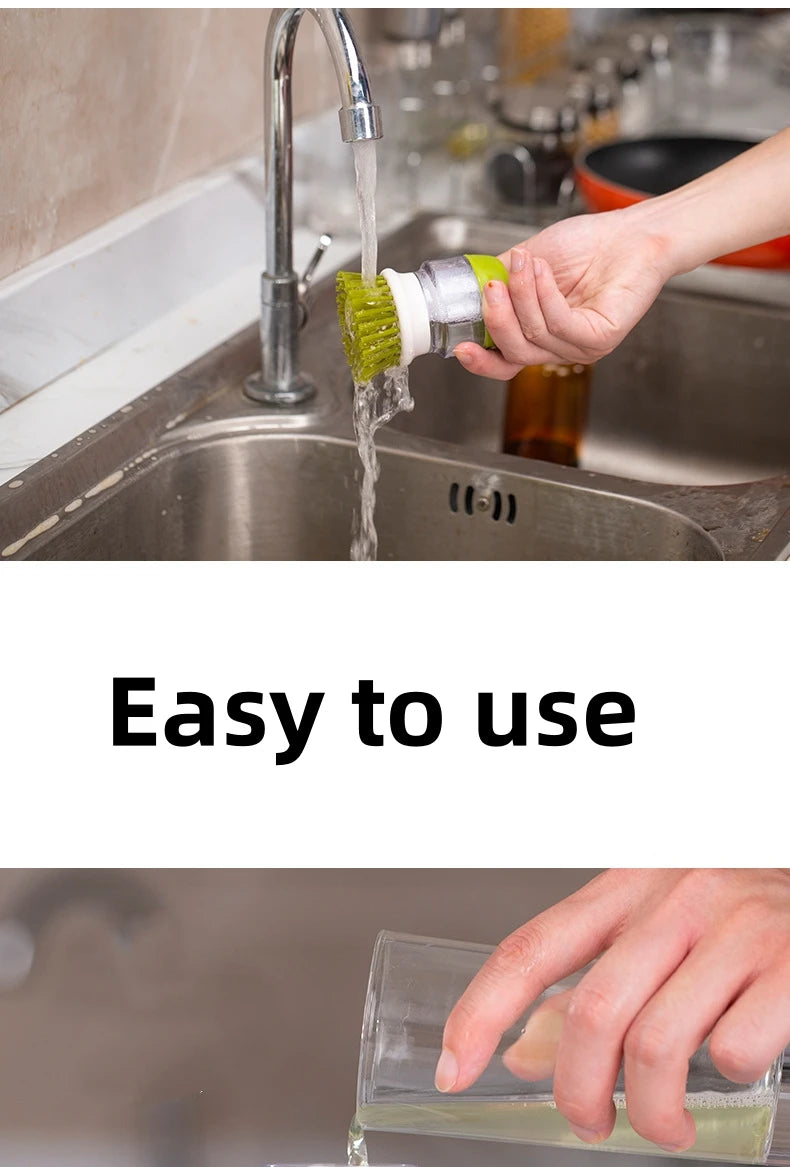 Person using a dishwashing brush under running water in a kitchen sink with text 'Easy to use'.